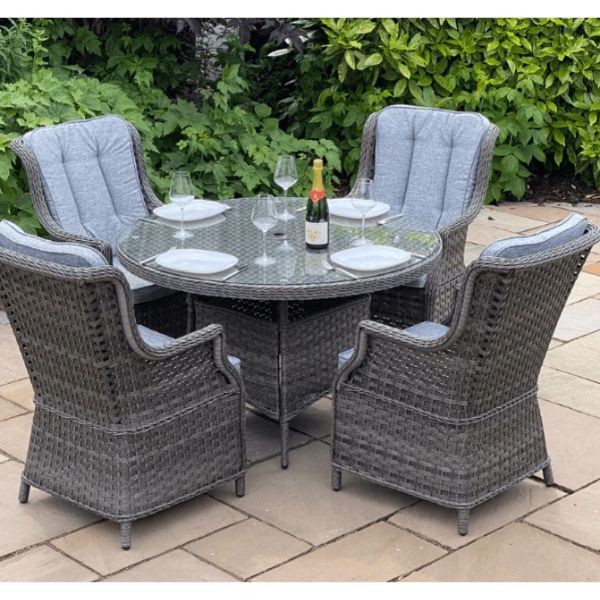Enjoy outdoor dining with the High Back 4 Seat Round Dining Set. Features durable dark grey rattan, cushioned chairs, and a glass tabletop.